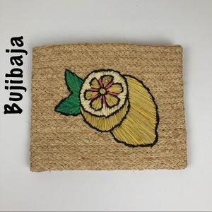 Bujibaja whimsical lemon straw clutch bag